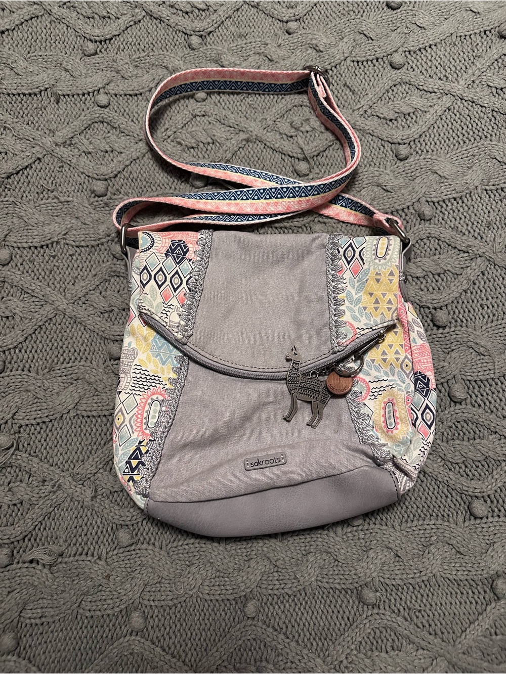 Sakroots Gray Crossbody with Pastel Multi-Print Accents